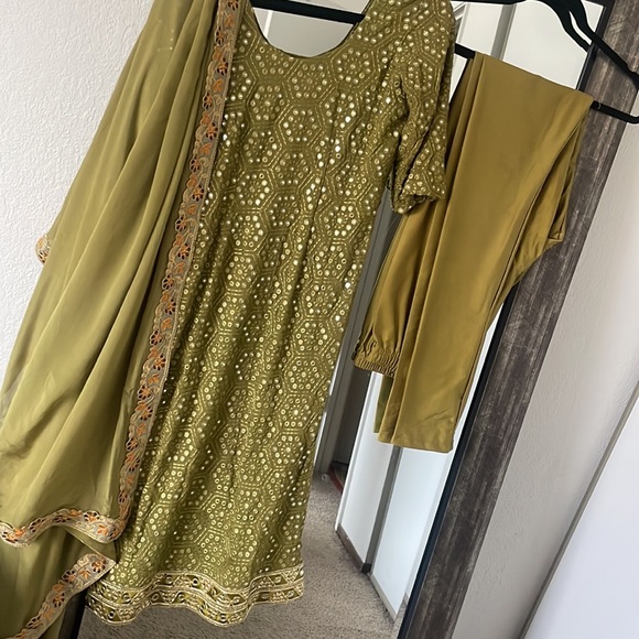 Sea green Indian suit color with pajami and amazing mirror work style on top - Picture 1 of 6